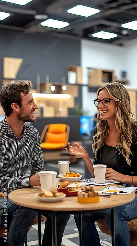 Happy colleagues enjoy a casual coffee break, sharing snacks and conversation in a modern, bright office. Ideal for showcasing teamwork, collaboration, or workplace culture. Happy colleagues enjoy a casual coffee break, sharing snacks and conversation in a modern, bright office. Ideal for showcasing teamwork, collaboration, or workplace culture.
