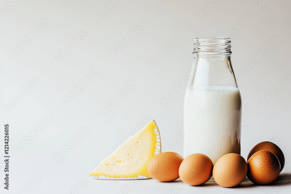 Artistic arrangement of fresh milk, cheese, and eggs on pure white background showcasing natural textures and colors Artistic arrangement of fresh milk, cheese, and eggs on pure white background showcasing natural textures and colors