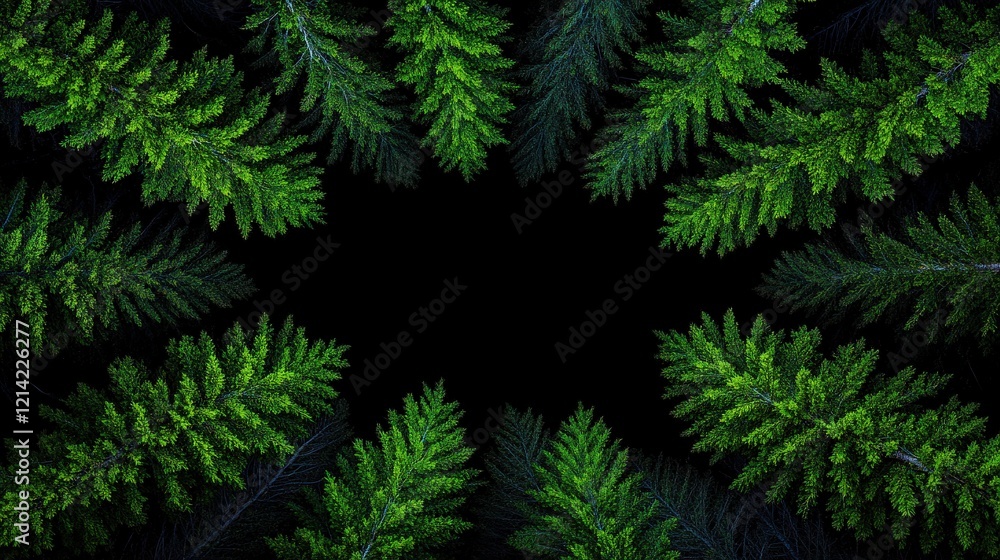 Evergreen Frame: A lush circle of verdant pine branches creates a natural frame against a stark black backdrop, offering a unique visual element for design projects. Evergreen Frame: A lush circle of verdant pine branches creates a natural frame against a stark black backdrop, offering a unique visual element for design projects.
