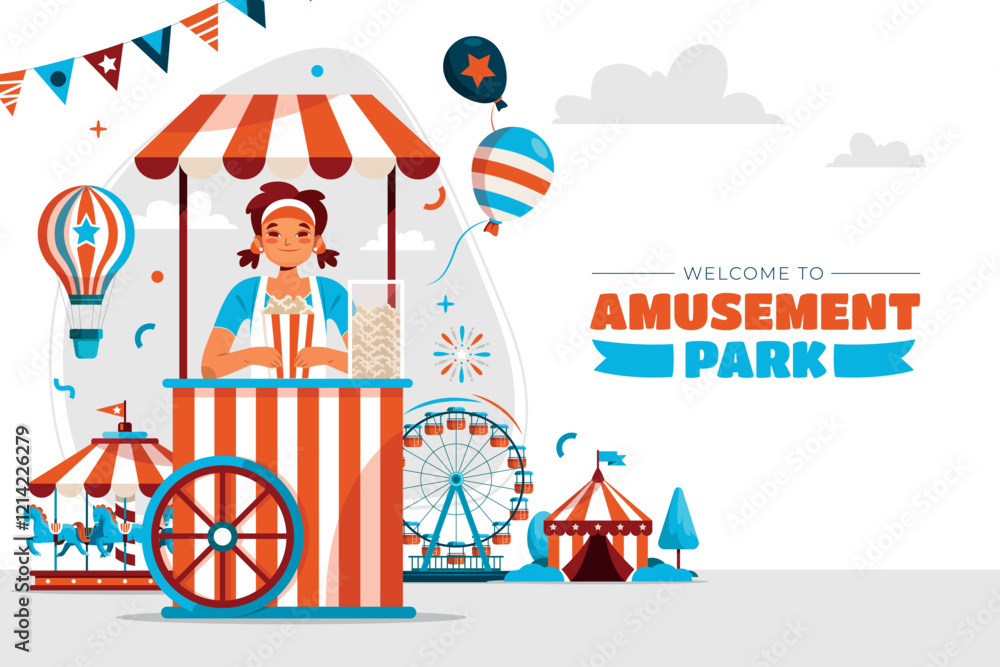 Naklejka premium Amusement park background with text in flat style