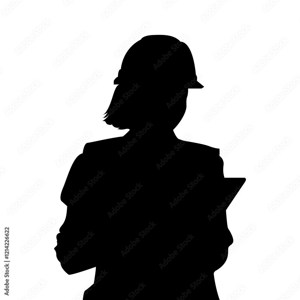 silhouette of female architect using safety helmet holding tab silhouette of female architect using safety helmet holding tab