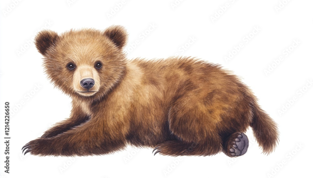 Fototapeta premium Cute brown bear cub lying on its stomach, showcasing its fluffy fur and playful demeanor in a serene setting