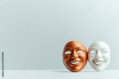 commercial photography for advertising campaign showcasing two vibrant masks one smiling and one neutral on clean background photo