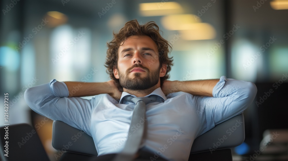 Obraz premium Portrait of confident businessman relaxing on chair with hands behind head in modern office