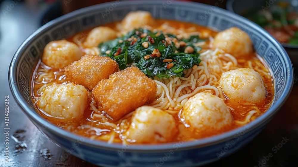Spicy noodle soup, restaurant setting, close-up Spicy noodle soup, restaurant setting, close-up