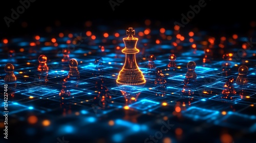 Digital chess king leading glowing pawns.