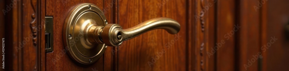 Elegant brass door handle and latch on rich veneer door , house, fitting Elegant brass door handle and latch on rich veneer door , house, fitting