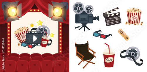 Hand drawn flat cinema icons with illustration set