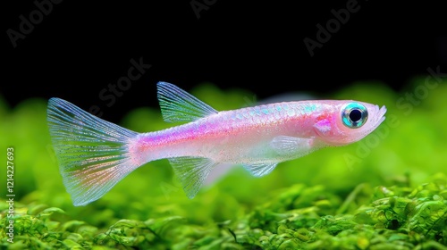 Pink translucent fish swimming in aquarium, green moss background