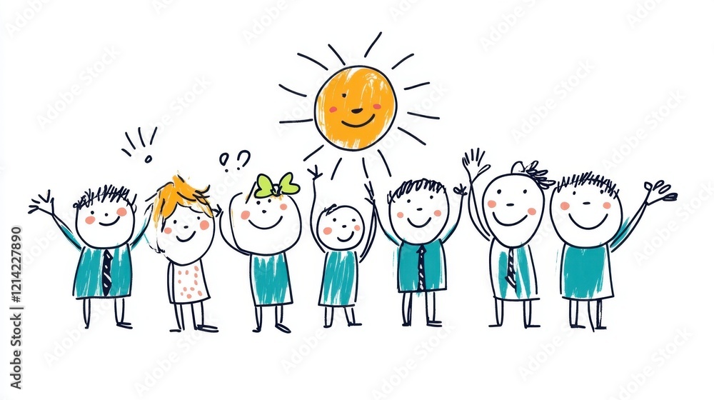 Happy group of cheerful children and adults celebrating under a bright smiling sun in a fun doodle style illustration Happy group of cheerful children and adults celebrating under a bright smiling sun in a fun doodle style illustration