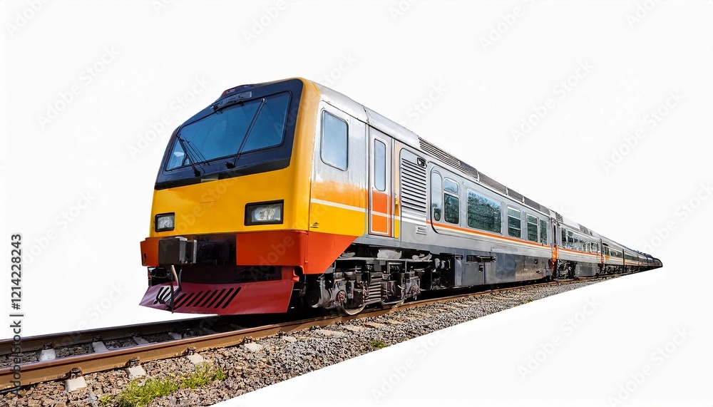 Perspective view of Passenger train hauled by the diesel electric locomotive isolated on white background Perspective view of Passenger train hauled by the diesel electric locomotive isolated on white background
