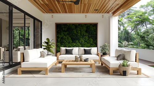 Tropical patio furniture set, lush greenery backdrop, relaxing outdoor space, home design photo