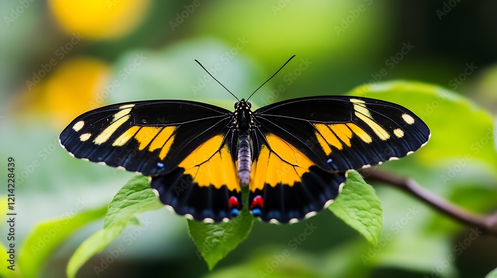 Naklejka premium Stunning Yellow and Black Butterfly Spreads Wings Amidst Lush Green Leaves : Generative AI