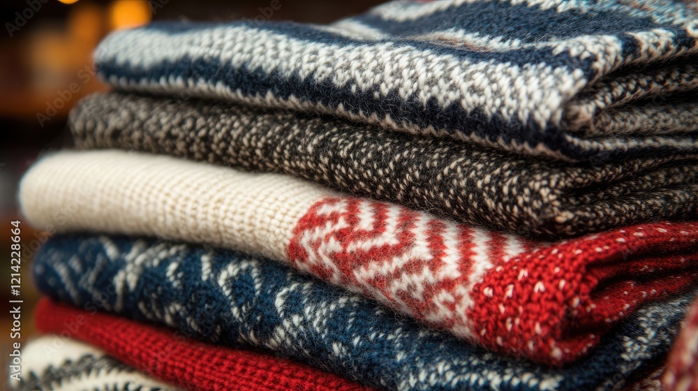 A stack of patterned sweaters arranged on a table with warm lighting. A stack of patterned sweaters arranged on a table with warm lighting.