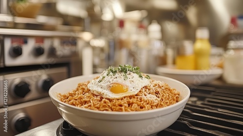 Spicy noodles, fried egg, kitchen, restaurant, food photography photo