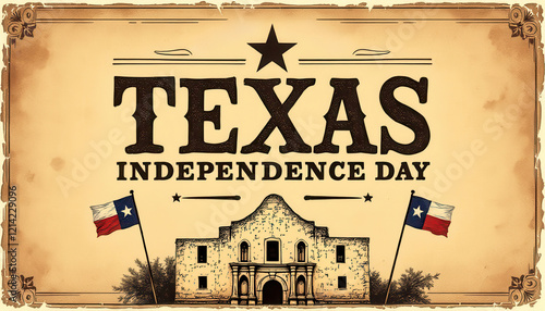 Vintage texas independence day poster featuring historic alamo and state flags