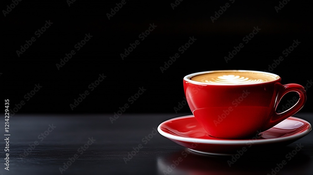 Elegant Red Coffee Cup with Latte Art on Black Background Evoking a Sense of Warm Perfection : Generative AI Elegant Red Coffee Cup with Latte Art on Black Background Evoking a Sense of Warm Perfection : Generative AI