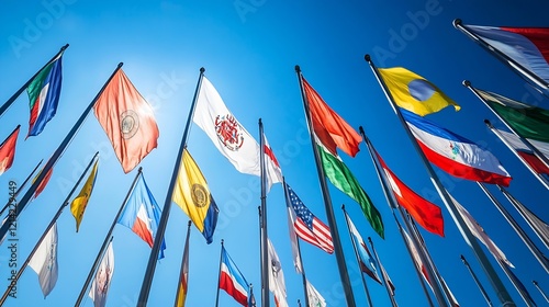 Colorful Array of International Flags Under Blue Sky with Sunshine : Generative AI