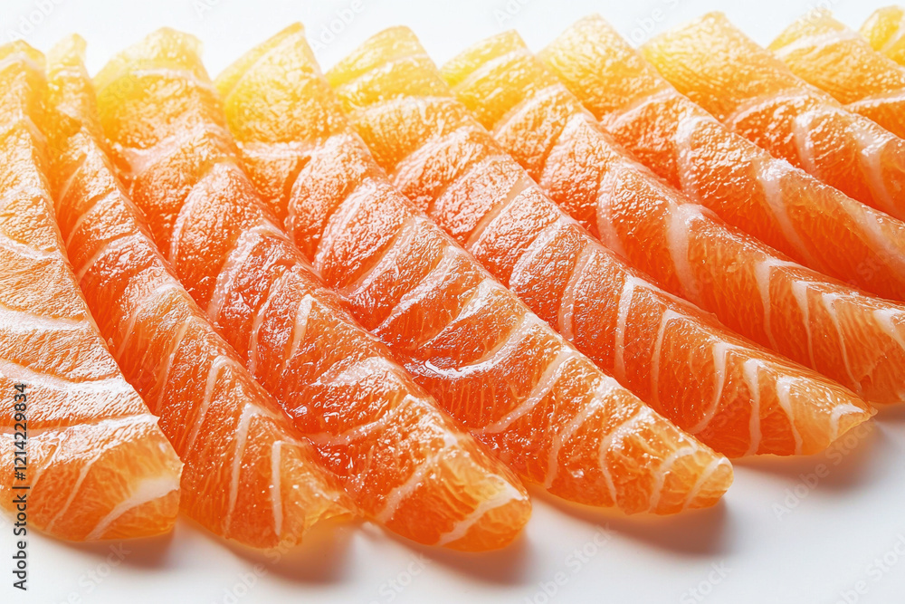 Fresh salmon sashimi delicately arranged in a fanned pattern against a bright white backdrop showcasing vibrant colors and smooth textures Fresh salmon sashimi delicately arranged in a fanned pattern against a bright white backdrop showcasing vibrant colors and smooth textures