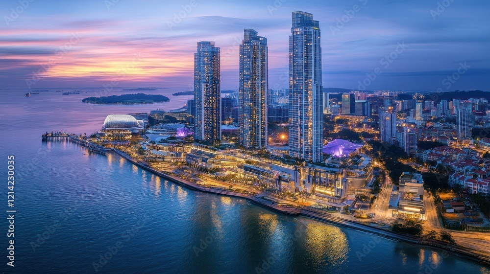 Fototapeta premium Aerial view of modern city skyline at sunset, reflecting on calm water.