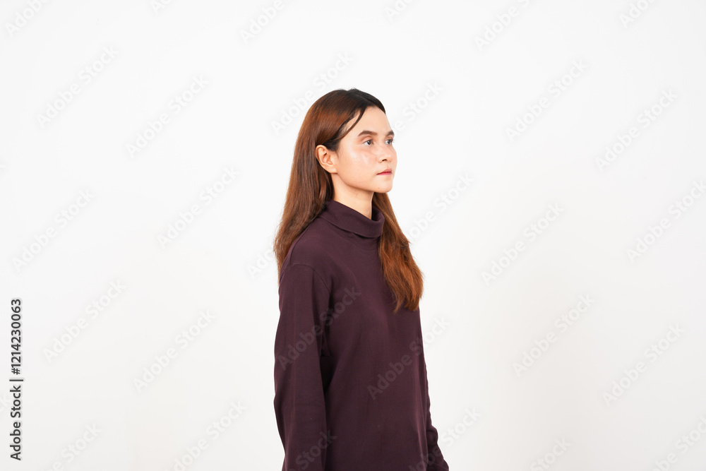 Side view standing with serious face Of Beautiful Asian Woman Isolated On White Background Side view standing with serious face Of Beautiful Asian Woman Isolated On White Background