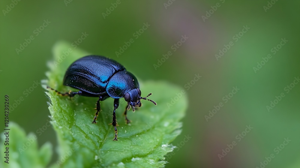 Detailed Macro Image of a Blue Beetle Resting on a Green Leaf : Generative AI Detailed Macro Image of a Blue Beetle Resting on a Green Leaf : Generative AI