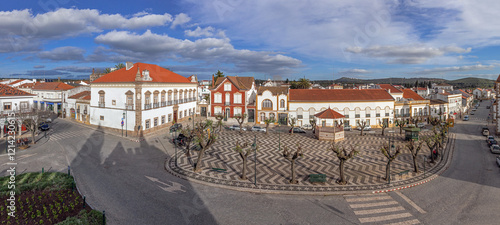Alter do Chao, Portugal. Largo Barreto Caldeira Square with Alamo Palace in the left, bandstand and typical Portuguese cobblestone pavement