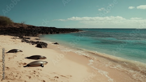 Wallpaper Mural Seals resting on tropical beach, ocean waves, clear sky Torontodigital.ca
