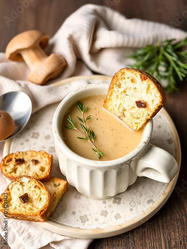 Chanterelle cream soup in coper mug served with croutons photo