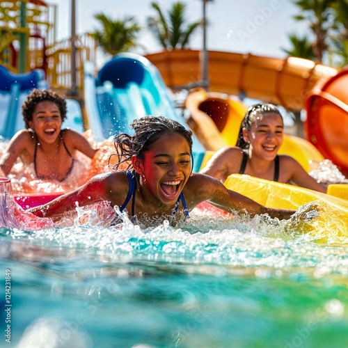diverse group of children enjoying a water park with slides and swimming pool