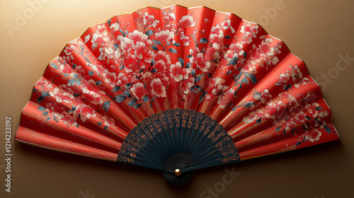 A red and blue fan with flowers on it
