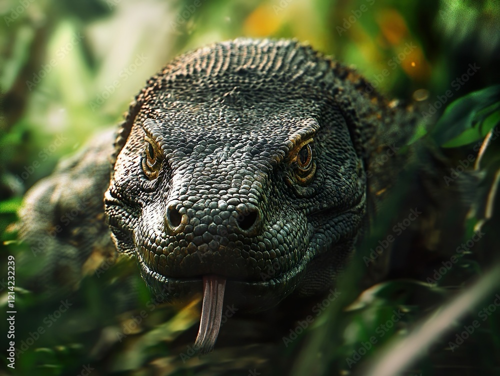 Close-up of a Komodo dragon's head with its tongue flicking out, showcasing the detailed scales and skin texture in a powerful and somewhat scary style. Close-up of a Komodo dragon's head with its tongue flicking out, showcasing the detailed scales and skin texture in a powerful and somewhat scary style.