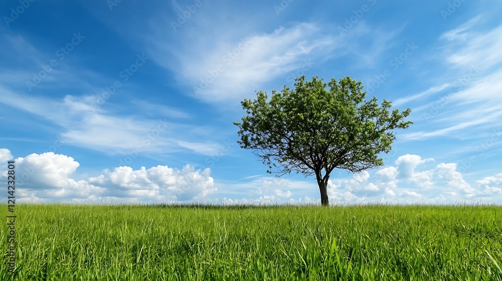 Lone Tree in Vast Green Field Under Clear Blue Sky with Fluffy Clouds : Generative AI Lone Tree in Vast Green Field Under Clear Blue Sky with Fluffy Clouds : Generative AI