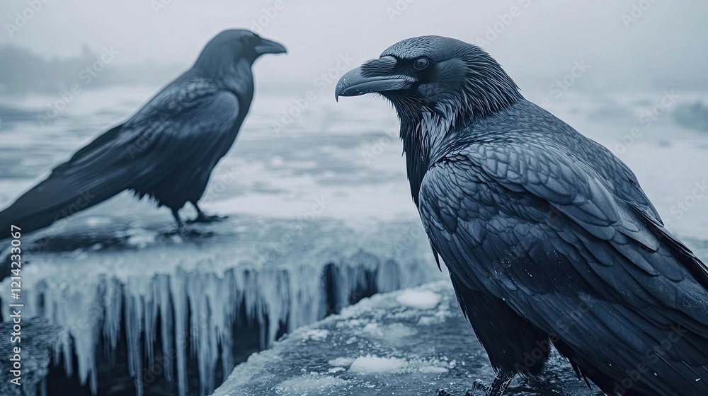 Two ravens perched on icy rocks, foggy background; winter wildlife photography Two ravens perched on icy rocks, foggy background; winter wildlife photography