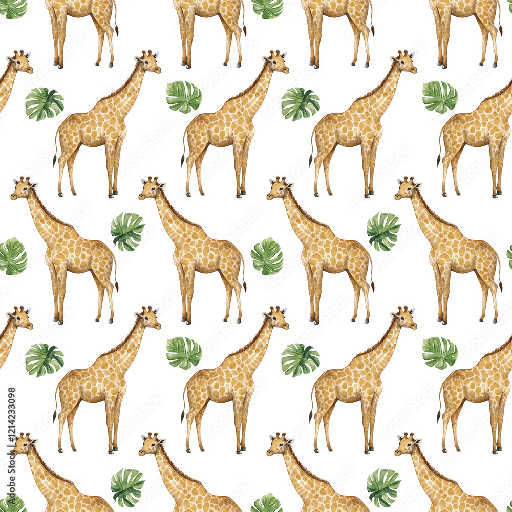Obraz premium Giraffe seamless pattern. Watercolor giraffe digital paper, African background, tropical zoo, savannah wild animal illustration. Safari wallpaper, kids fabric, textile, clothing repeating motif