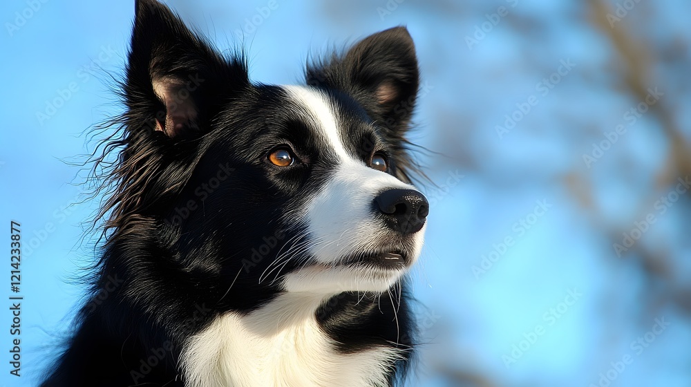 Border Collie Dog Portrait Against A Blue Sky Background Border Collie Dog Portrait Against A Blue Sky Background