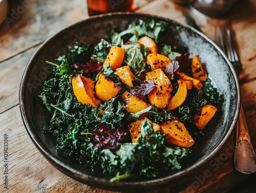 A winter kale and roasted butternut squash salad with a maple-cider dressing, presented on a wooden table