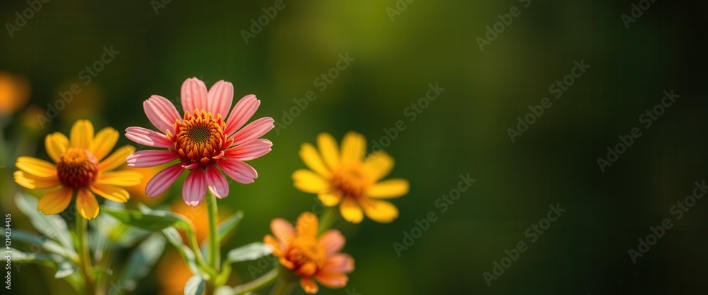 A Single Pink Flower with Yellow Flowers in the Background A Single Pink Flower with Yellow Flowers in the Background
