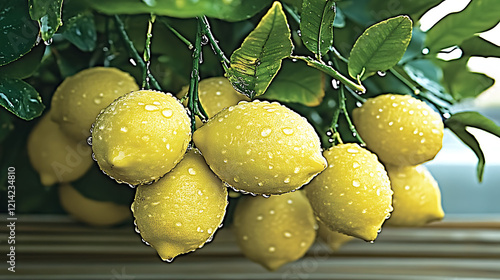 Juicy, ripe lemons glistening with raindrops hang from a vibrant green lemon tree branch.  Perfect for refreshing summer themes, healthy food blogs, or product packaging. photo