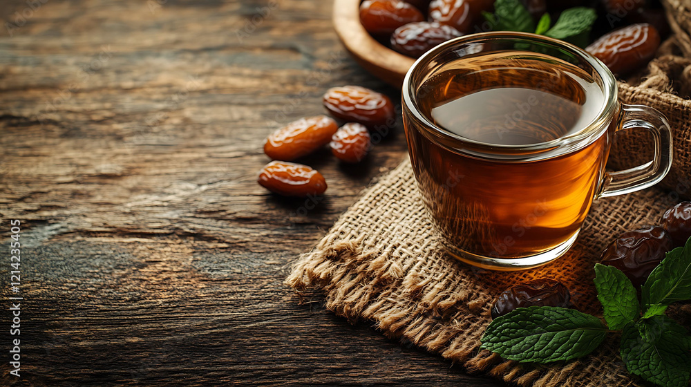 Top-view of tea in a glass cup with mint leaves and dates on jute cloth. Perfect Ramadan Iftar food background, warm and inviting. Top-view of tea in a glass cup with mint leaves and dates on jute cloth. Perfect Ramadan Iftar food background, warm and inviting.