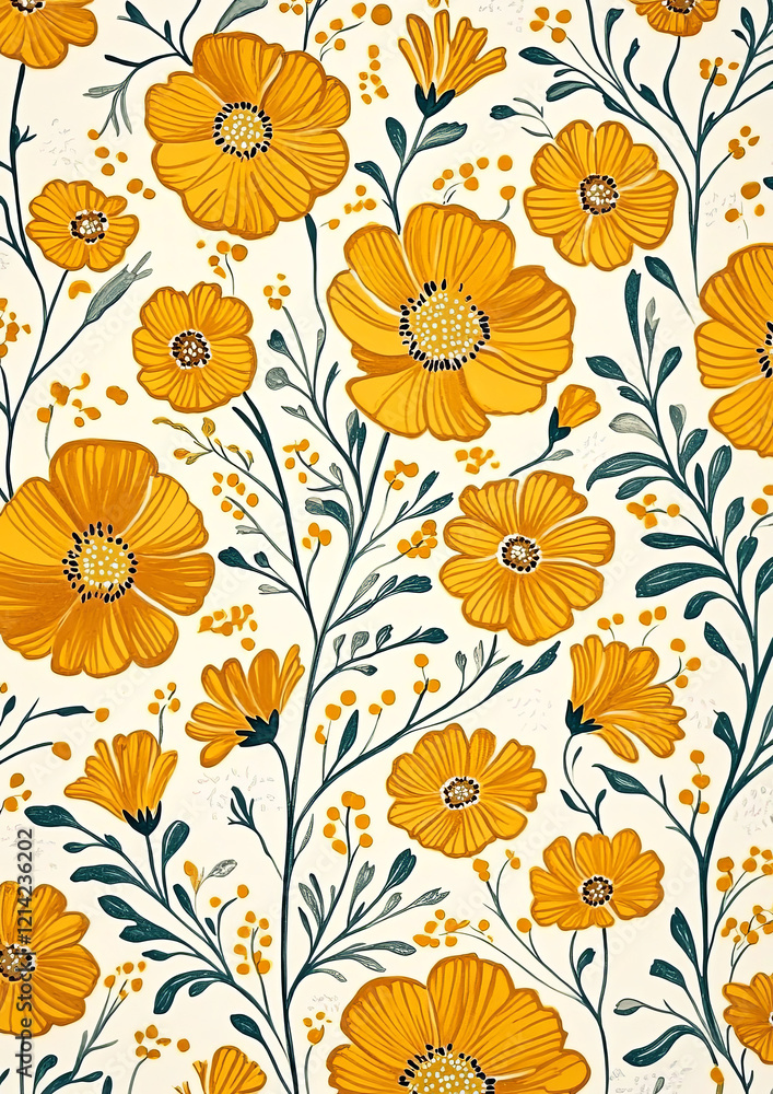 Golden blossoms in full bloom with delicate green leaves create a stunning floral pattern Golden blossoms in full bloom with delicate green leaves create a stunning floral pattern