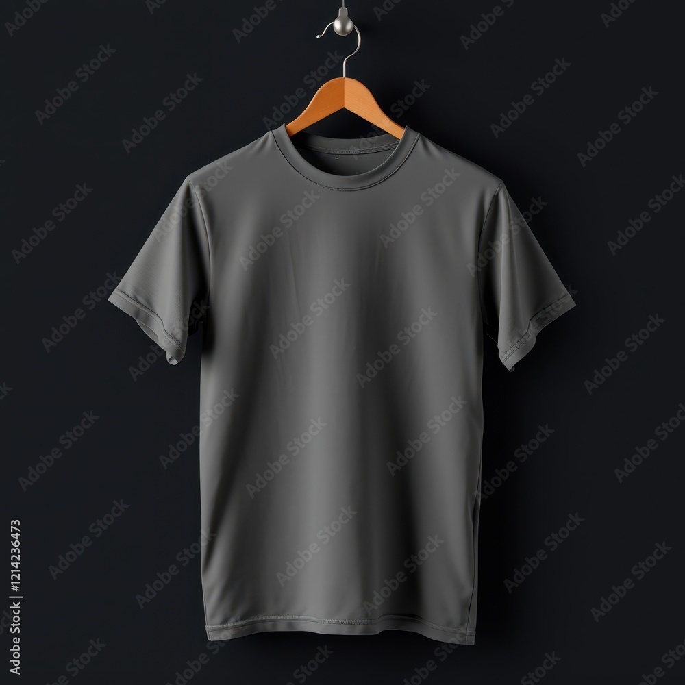Grey T-shirt Hanging on Wooden Hanger Against Black Background Grey T-shirt Hanging on Wooden Hanger Against Black Background