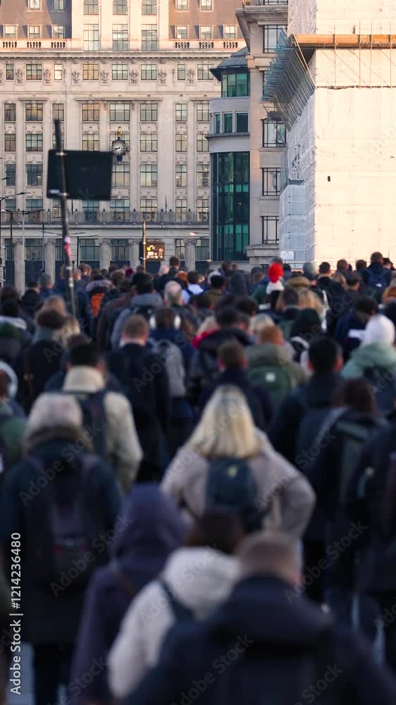 Slow motion shallow focus view of crowds of commuters on London Bridge rushing into the City offices during sunrise Slow motion shallow focus view of crowds of commuters on London Bridge rushing into the City offices during sunrise