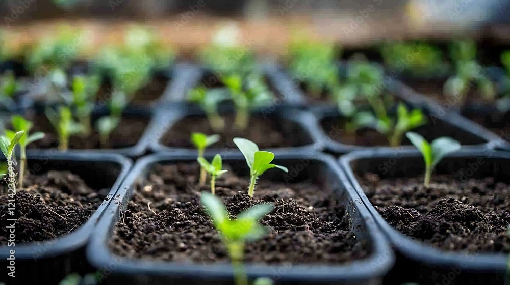 Young Sprouts Emerging from Soil in Black Trays in a Greenhouse Environment : Generative AI Young Sprouts Emerging from Soil in Black Trays in a Greenhouse Environment : Generative AI