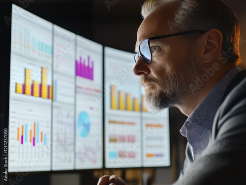 Businessman in an office analyzing costsaving charts on a large screen, savings and costs, corporate efficiency concept photo