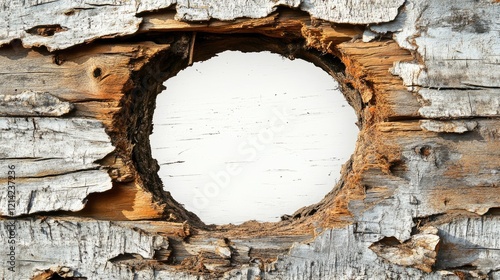 A circular hole in a rustic wooden wall, with splintered edges and a white background showing through