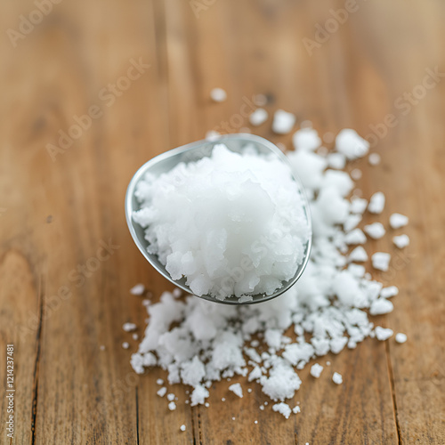 Salt - sodium chloride in coper spoon on wooden surface photo