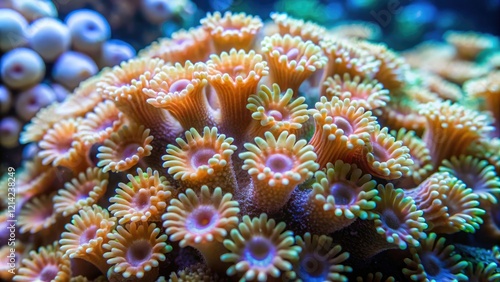 Close-up of coral polyps growing on a reef with slimy mucus coating, sea creature habitats, coral polyps photo