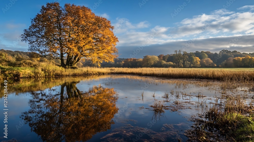 Golden Autumn Tree Reflected in a Tranquil Lake in Serene Countryside : Generative AI Golden Autumn Tree Reflected in a Tranquil Lake in Serene Countryside : Generative AI