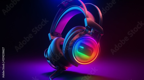 Isolated gaming headset on a sleek RGB-lit digital setup, vibrant colors, futuristic gaming aesthetic photo